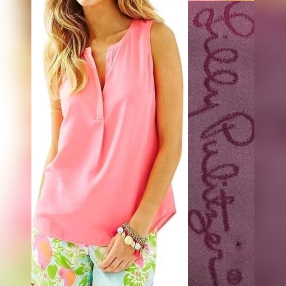 Lilly Pulitzer Silk Stacy Sleeveless Hot Coral V-Neck Relaxed Fit Barbiecore XS